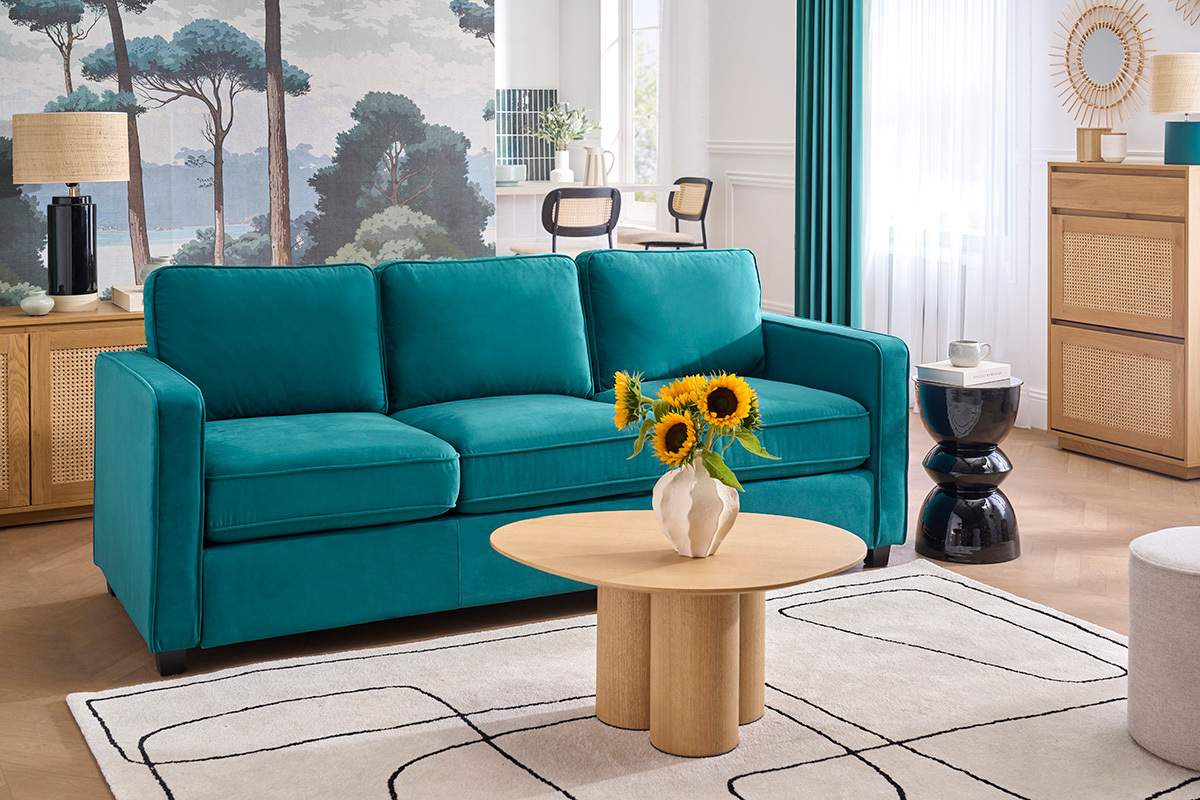 Sof� moderno terciopelo azul petr�leo 3 plazas BROOKLYN