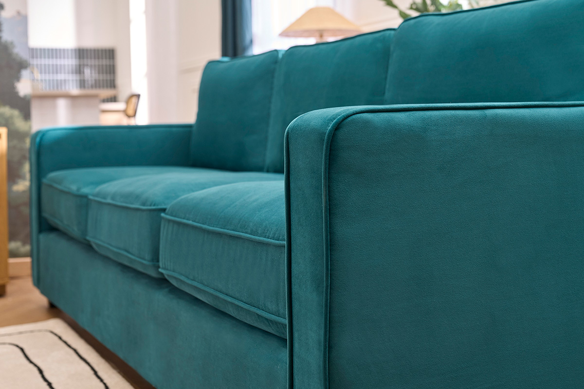 Sof� moderno terciopelo azul petr�leo 3 plazas BROOKLYN