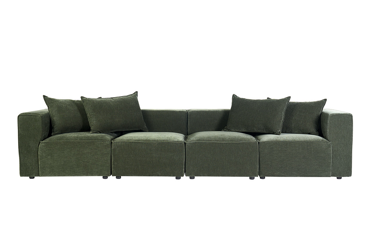 Sof� modular de 5 plazas en tejido efecto terciopelo verde caqui, vista frontal