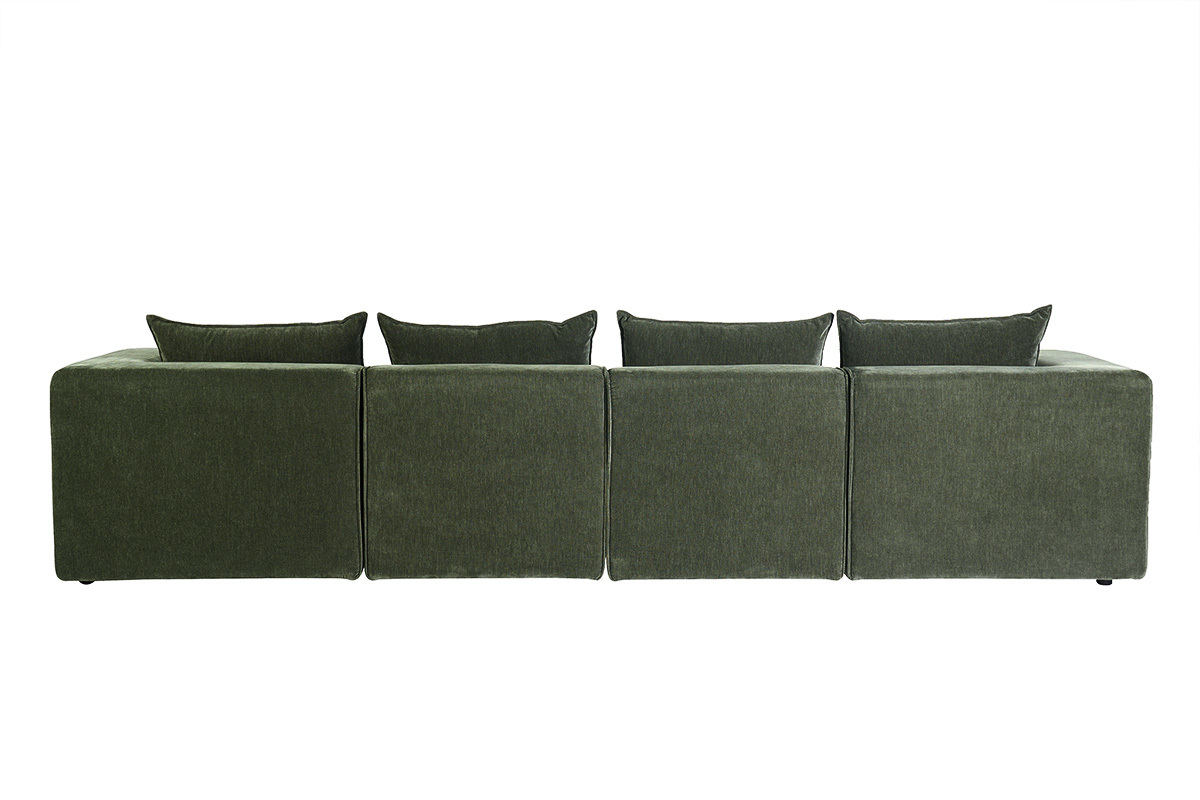 Canap� modular de 5 plazas en tejido con efecto terciopelo verde caqui, vista trasera.