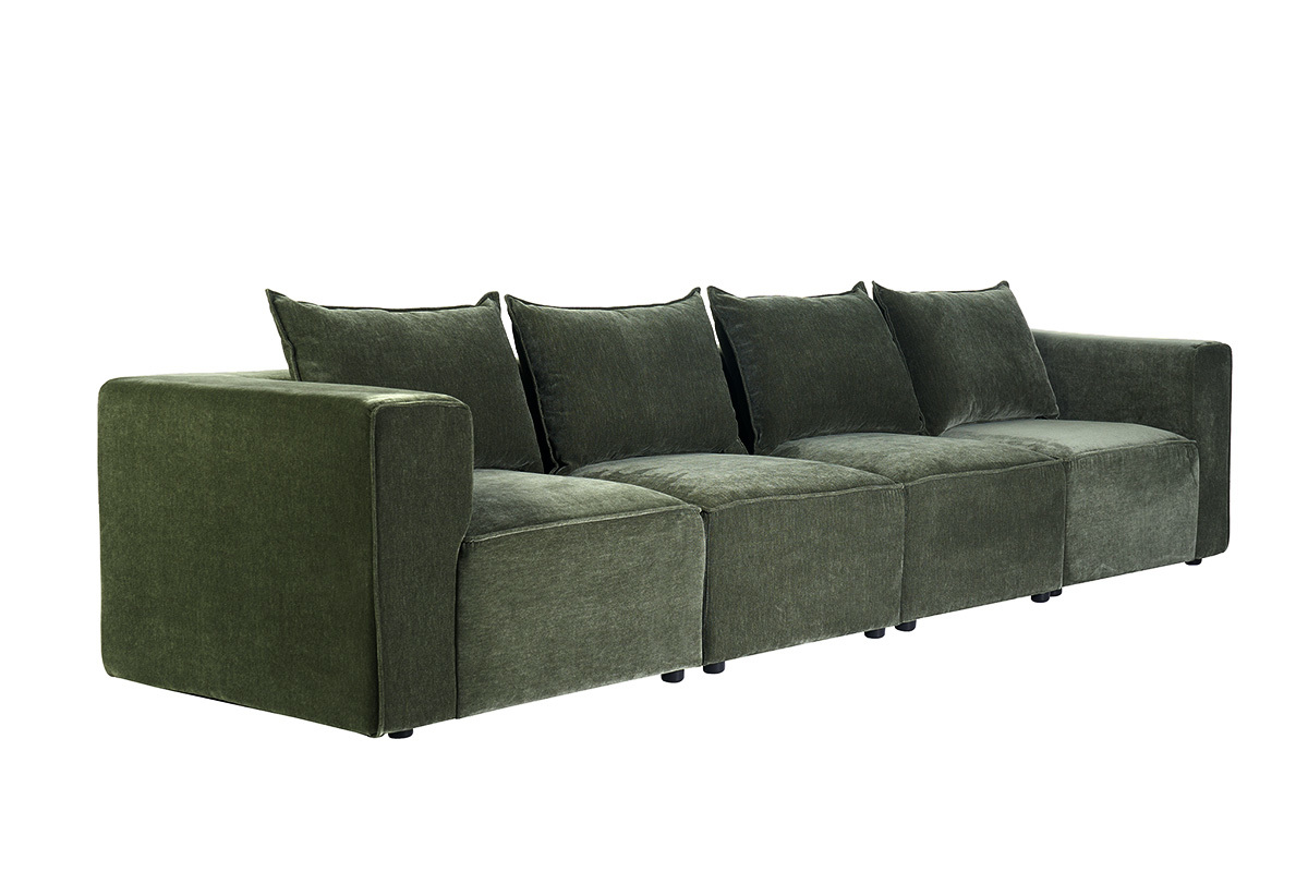 Sof� modular de 5 plazas en tejido efecto terciopelo verde caqui, vista de 3/4.