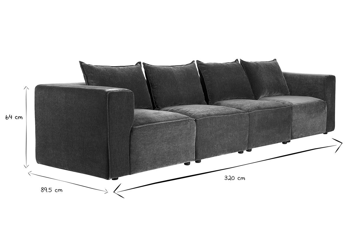 Dimensiones del sof� modular KERRY: 320 cm de longitud, 89,5 cm de profundidad, 64 cm de altura en negro y blanco.