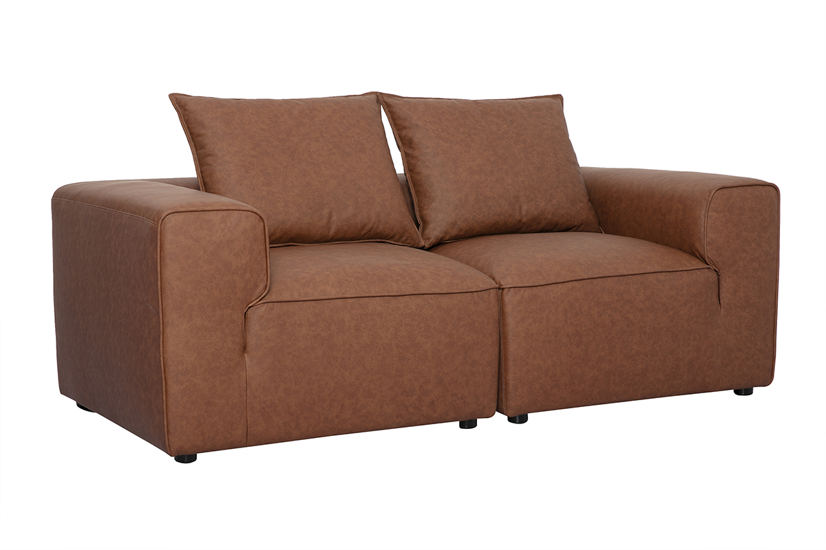 Sof� modular de 2 plazas en cuero marr�n, vista en tres cuartos, con cojines de asiento.
