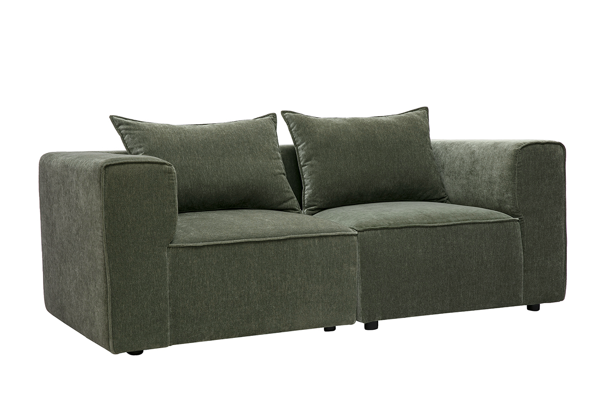 Sof� modular de 2 plazas en tejido efecto terciopelo verde caqui KERRY, vista en 3/4