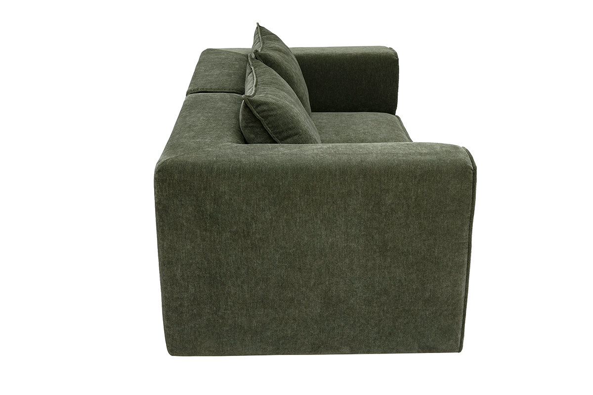 Sof� modular de 2 plazas en tejido efecto terciopelo verde caqui, vista de perfil