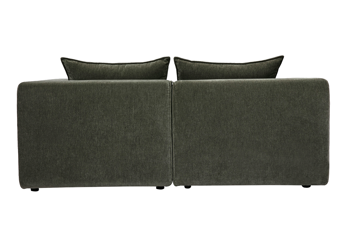 Sof� modular de 2 plazas en tejido con efecto terciopelo verde caqui, vista trasera.