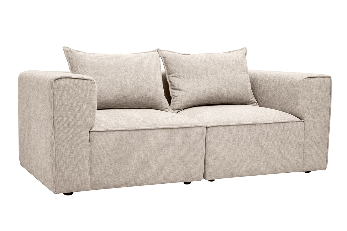 Sof� modular de 2 plazas en tejido con efecto terciopelo texturizado beige, vista de 3/4, con cojines de respaldo.
