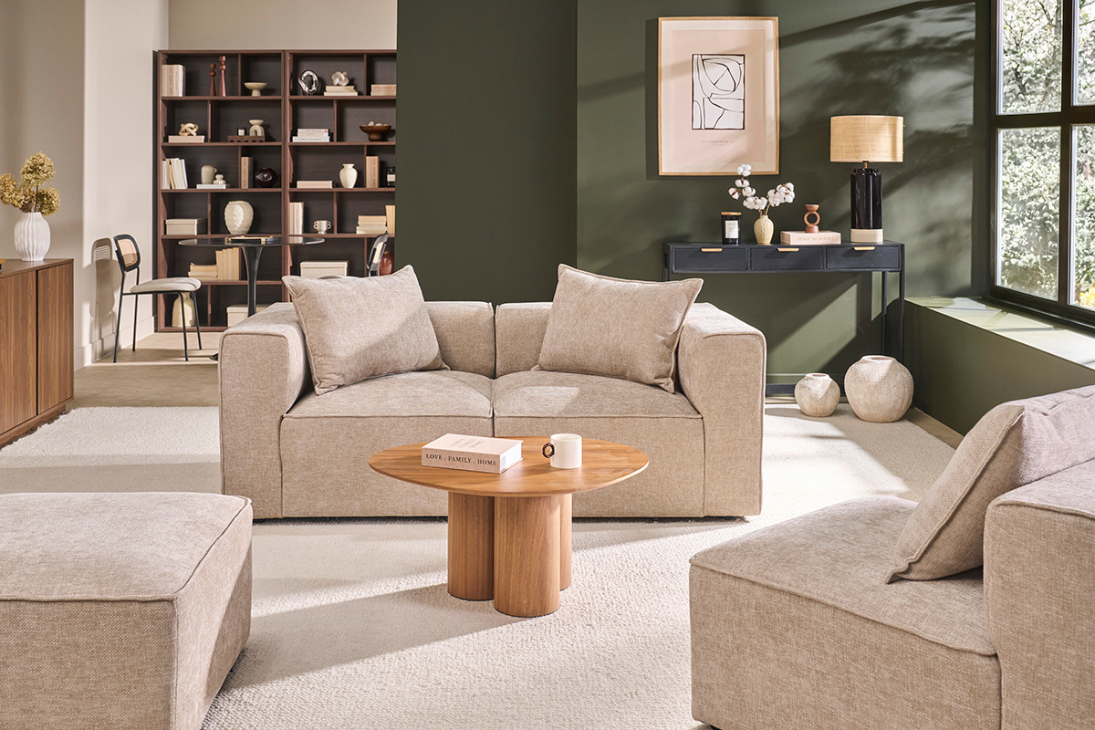 Sof� modular de 2 plazas en tejido efecto terciopelo texturizado beige KERRY
