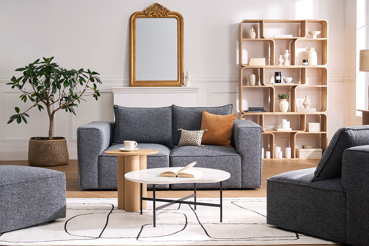 Sof modular de 2 plazas en tela gris oscuro jaspeado KERRY