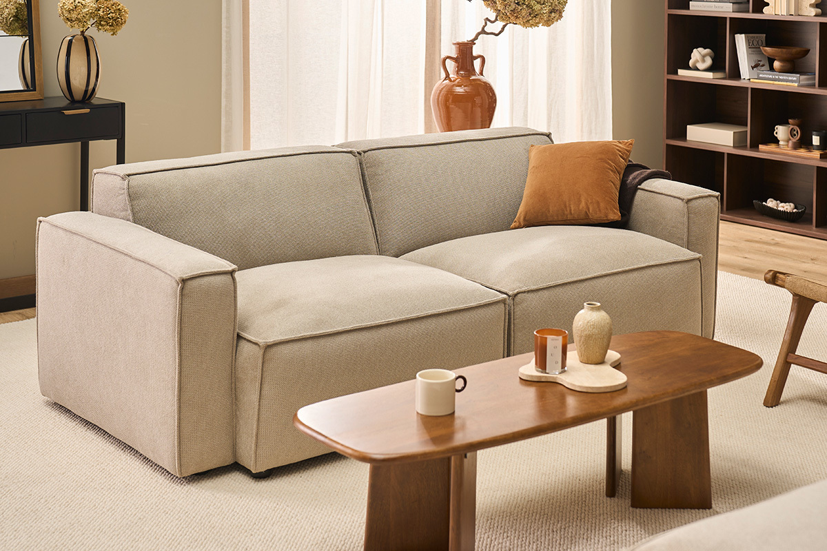 Sof� modular de 3 plazas en tela efecto terciopelo texturizado beige SPLIT