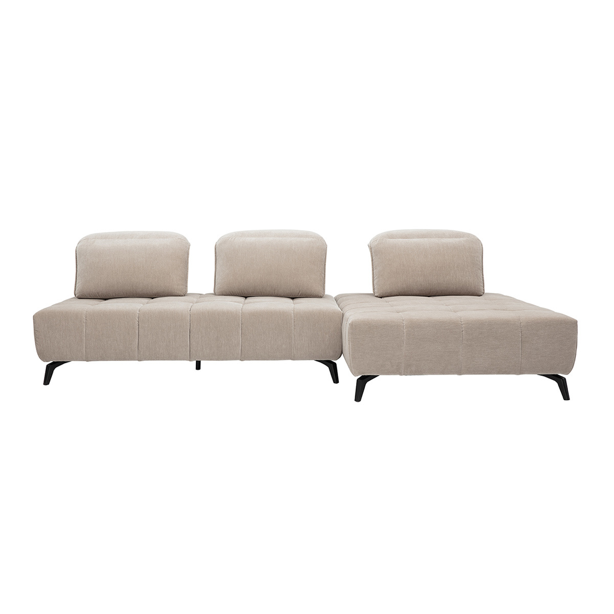 Sofá modular de 4 plazas con cabezales ajustables en tela efecto terciopelo topo y metal negro OLMO
