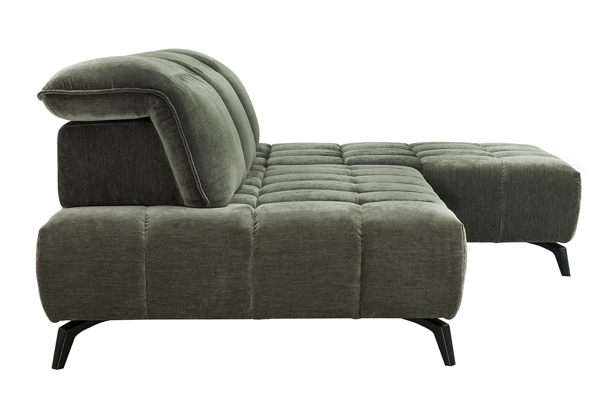 Sof� modular verde caqui de 4 plazas con reposacabezas ajustables, vista lateral.