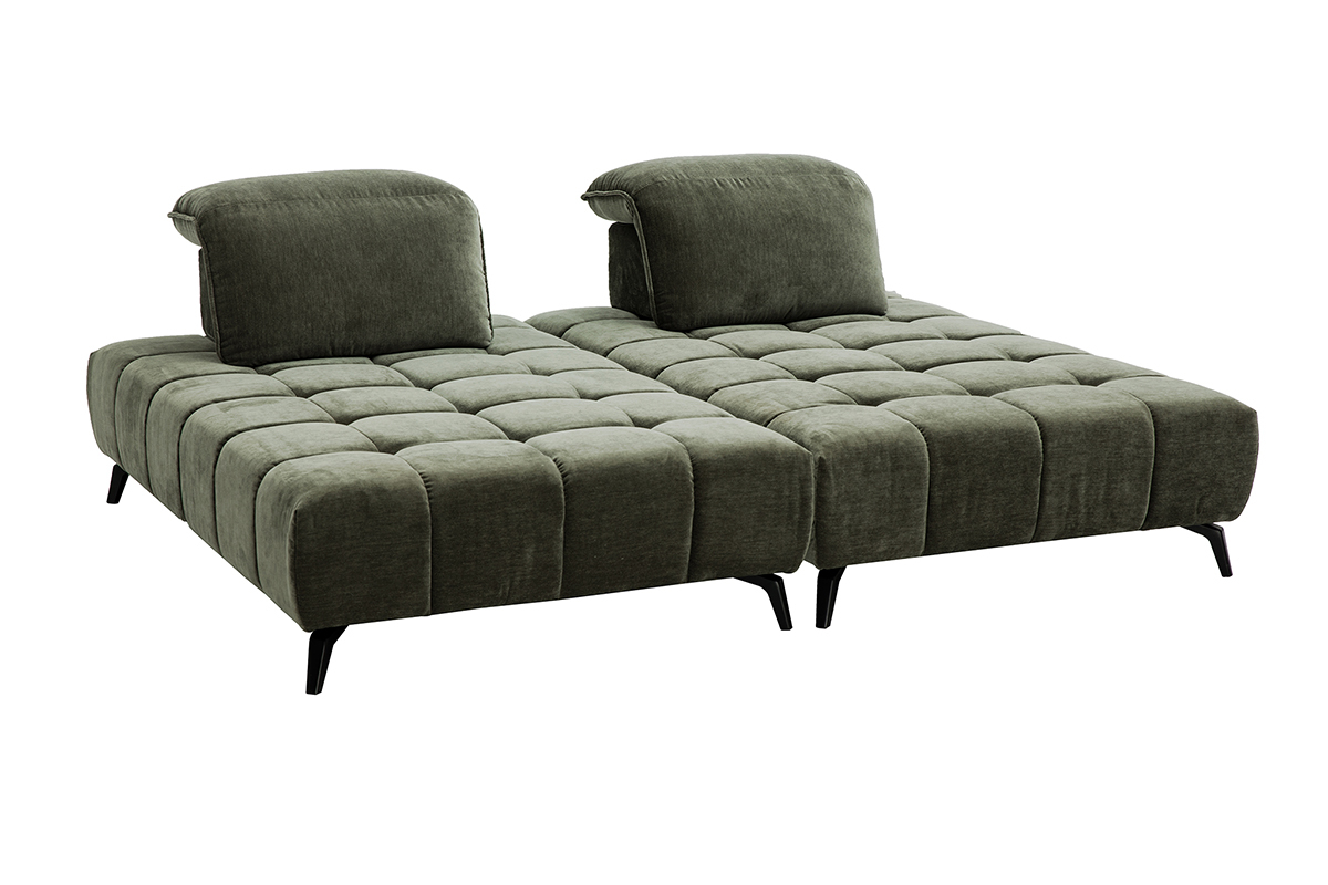 Sof� modular de 4 plazas color caqui verde con reposacabezas ajustables, vista de 3/4.