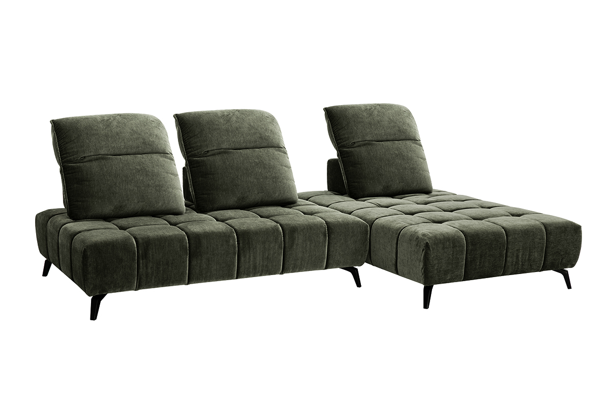 Sof� modular de 4 plazas con cabezales ajustables en tela efecto terciopelo verde caqui y metal negro OLMO