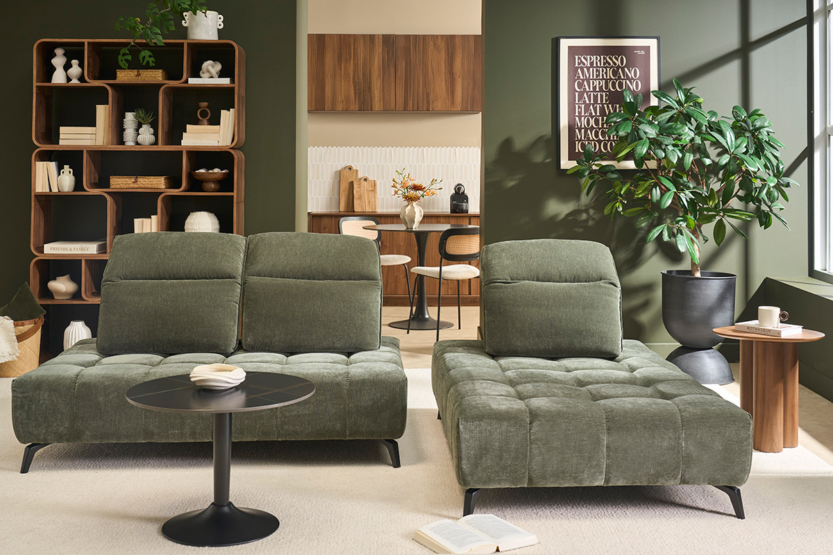 Sof� modular de 4 plazas con cabezales ajustables en tela efecto terciopelo verde caqui y metal negro OLMO