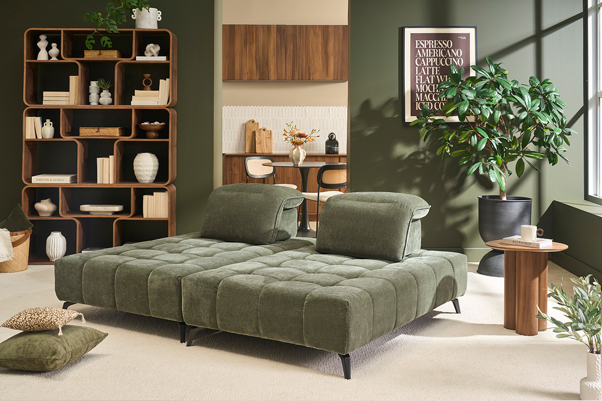 Sof� modular de 4 plazas con cabezales ajustables en tela efecto terciopelo verde caqui y metal negro OLMO