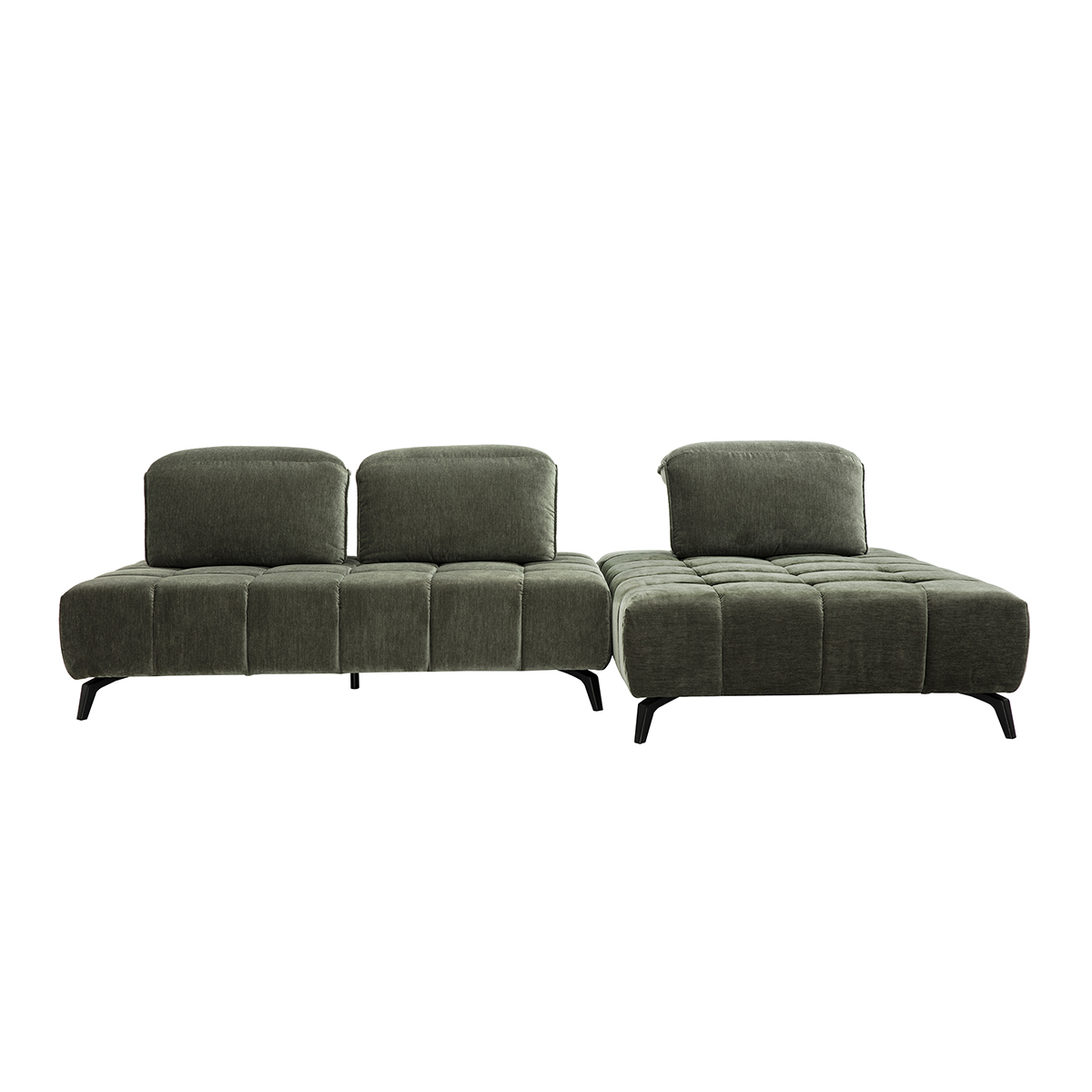 Sofá modular de 4 plazas con cabezales ajustables en tela efecto terciopelo verde caqui y metal negro OLMO