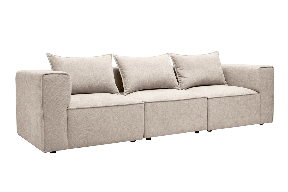 Sof� modular de 4 plazas en tejido con efecto terciopelo texturizado beige, vista en 3/4 con cojines