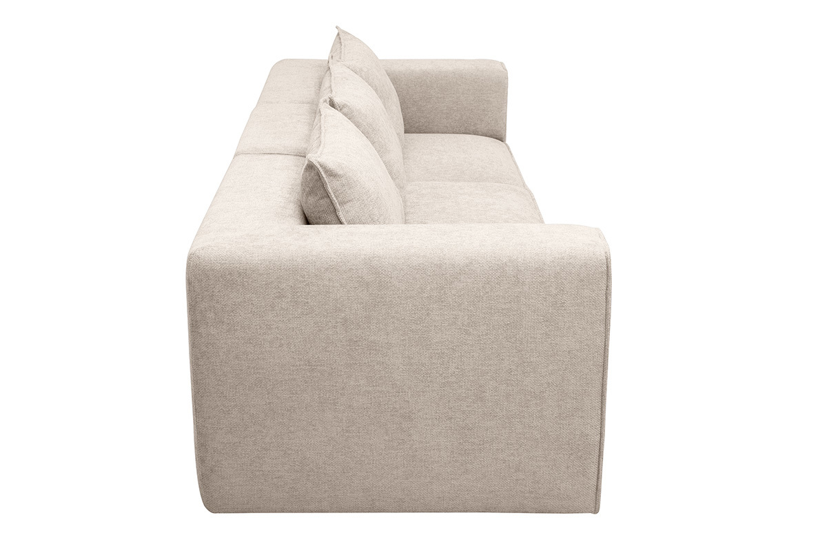 Sof� modular de 4 plazas en tejido con efecto terciopelo texturizado beige, vista lateral.