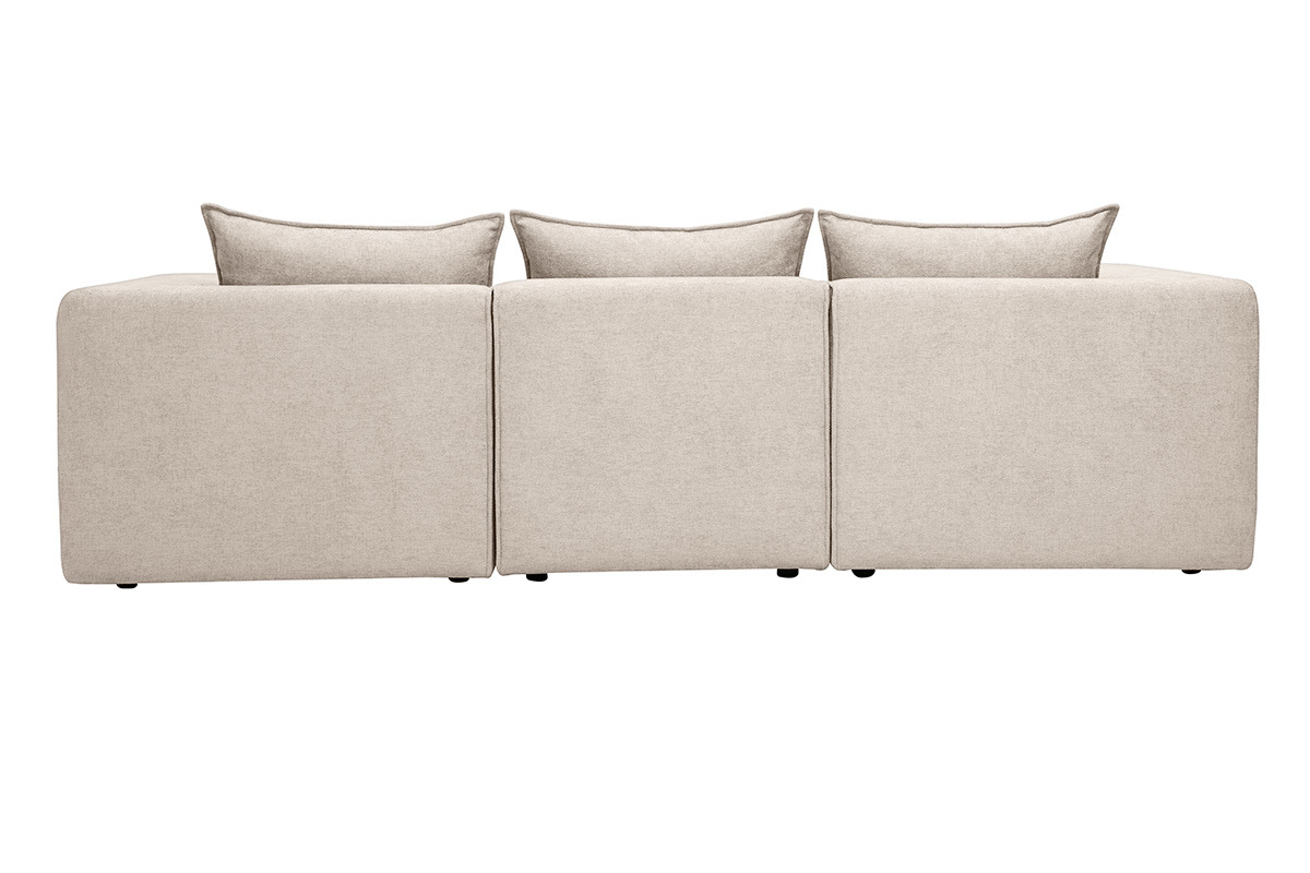 Sof� modular de 4 plazas beige con efecto de terciopelo, vista trasera con reposabrazos y cojines