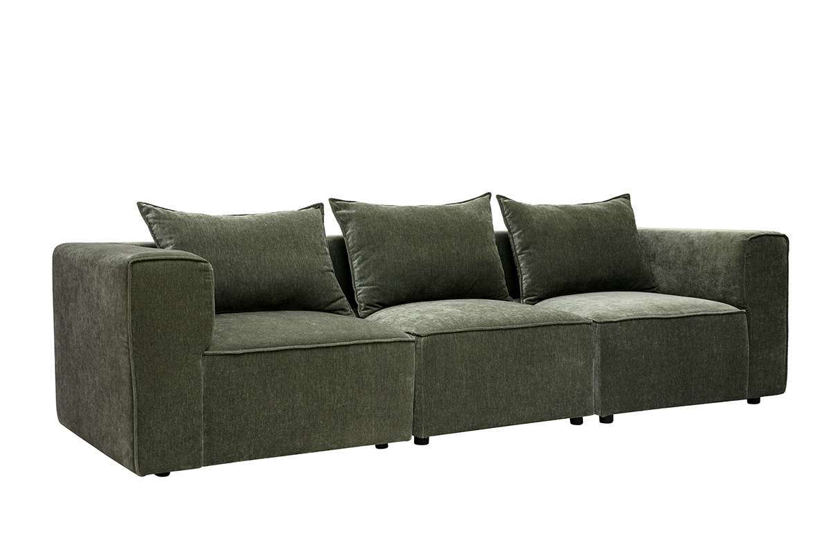 Canap� modular de 4 plazas en tejido con efecto terciopelo verde caqui, vista de 3/4.