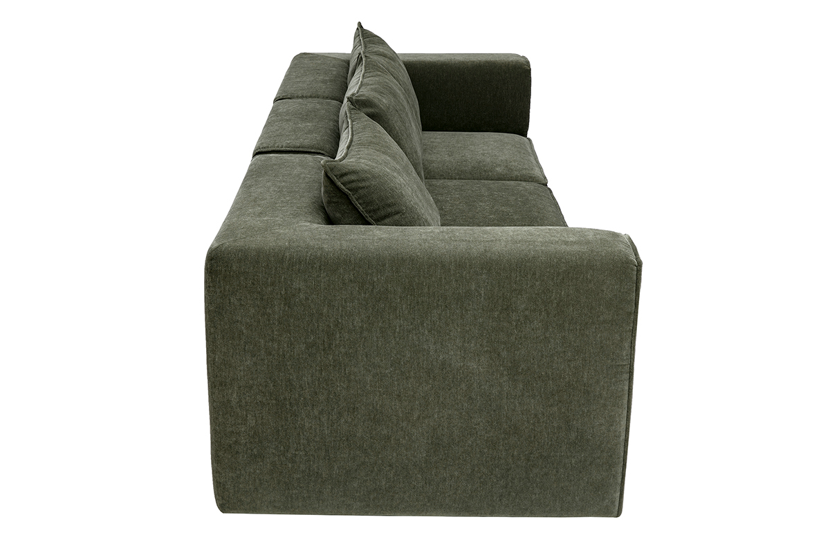 Canap� modular de 4 plazas en tejido con efecto terciopelo verde caqui, vista de perfil.