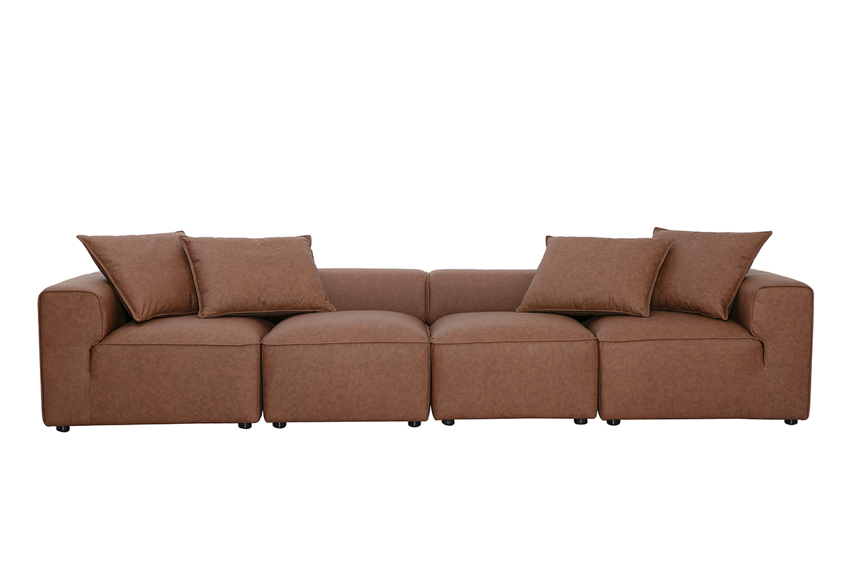 Sof� modular de 5 plazas en cuero marr�n FERGUS, vista frontal con cojines decorativos