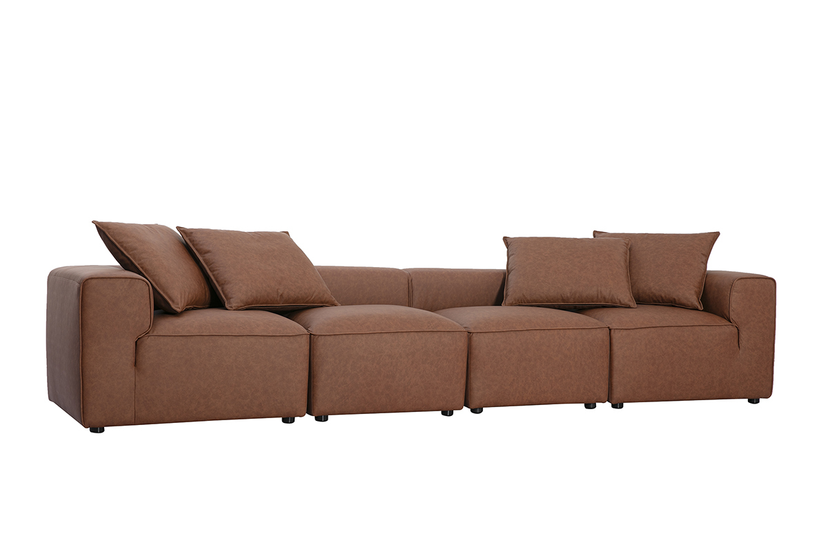 Sof� modular de 5 plazas en cuero marr�n FERGUS, vista de tres cuartos con cojines