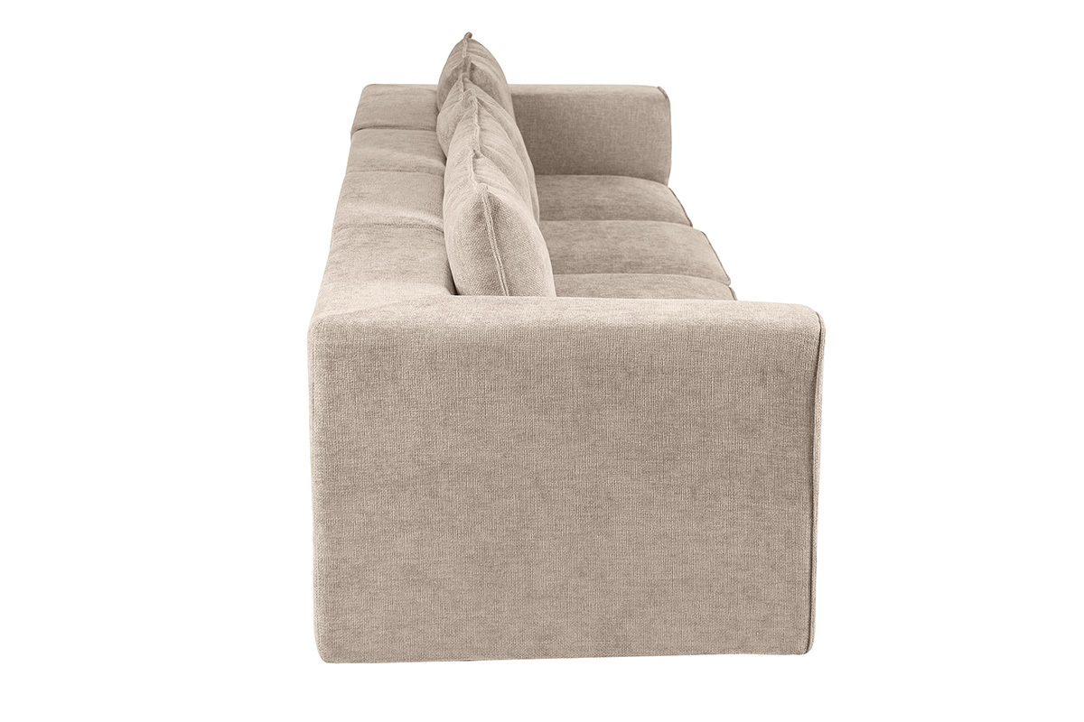 Sof� modular de 5 plazas en tejido efecto terciopelo texturizado beige, vista de perfil