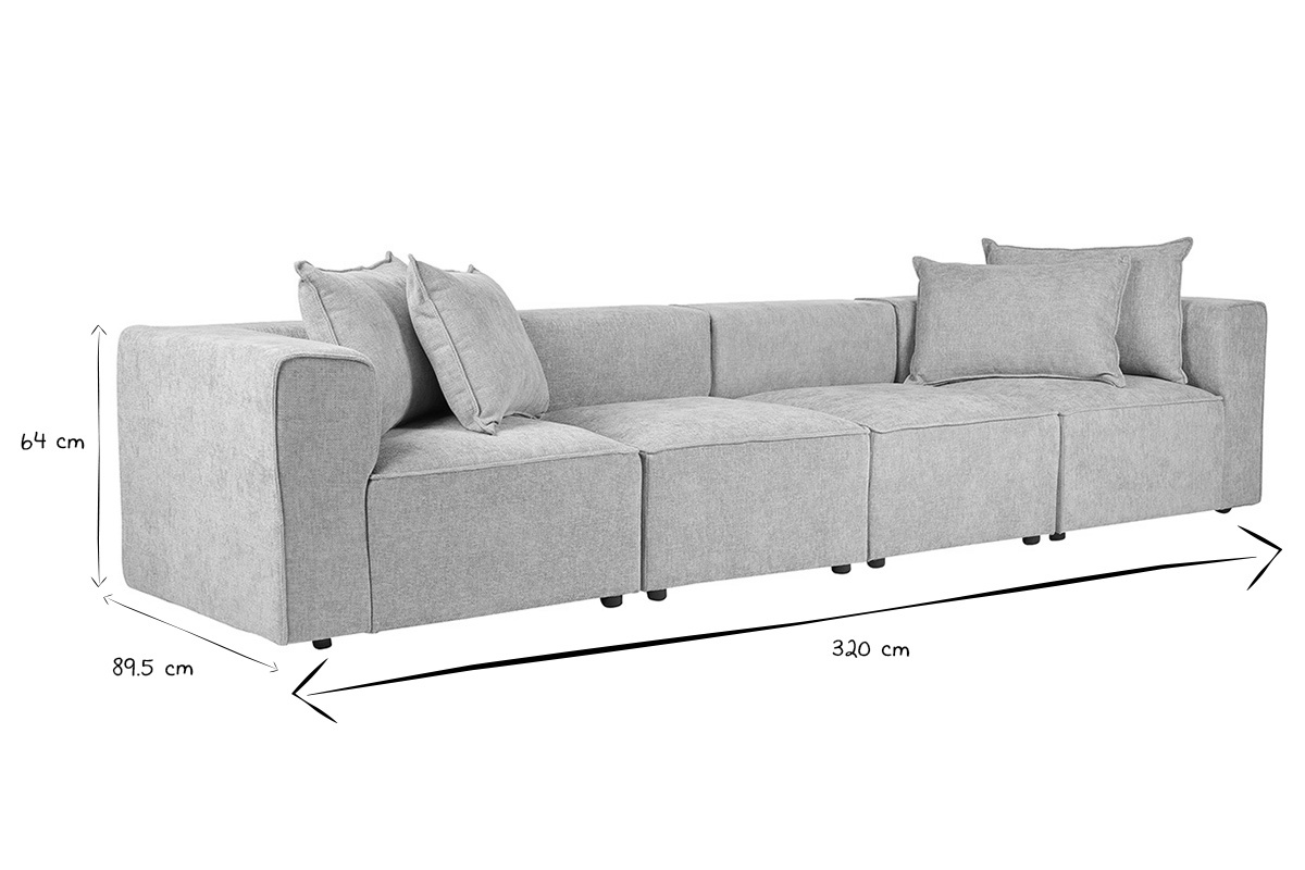 Sof� modular de 5 plazas en tela beige con dimensiones en blanco y negro: 320 cm x 89,5 cm x 64 cm