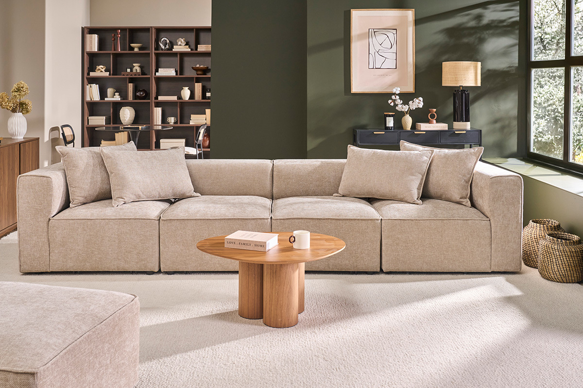 Sof� modular de 5 plazas en tejido efecto terciopelo texturizado beige KERRY