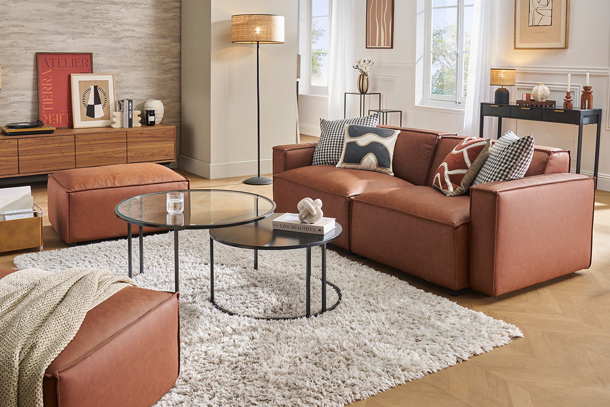 Sof modular vintage de 3 plazas en cuero marrn SPLIT