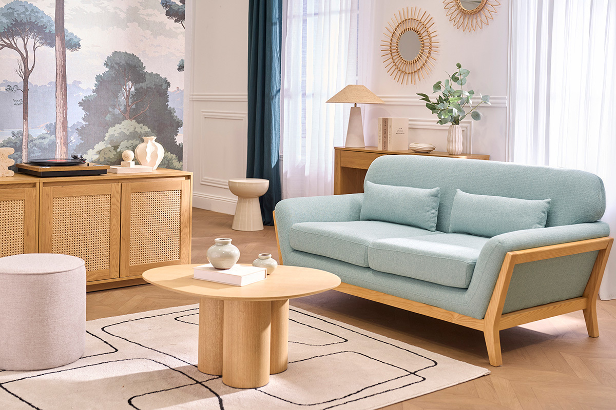 Sof� n�rdico 2 plazas azul claro patas madera YOKO