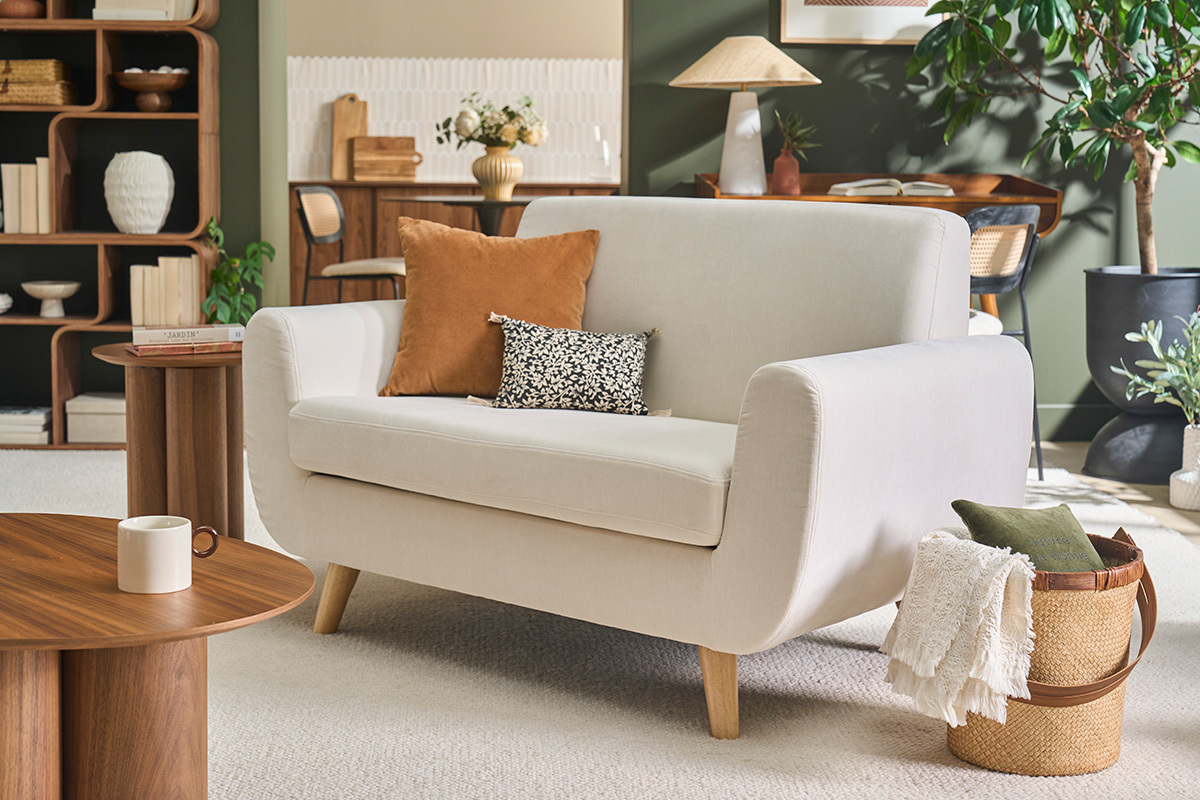 Sof� n�rdico 2�plazas beige y madera de caucho maciza PURE