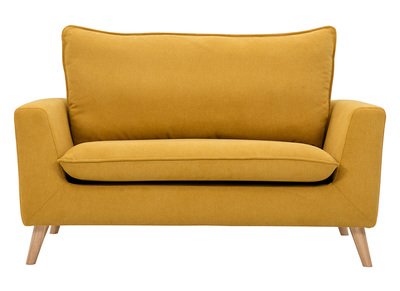 Sofá nórdico 2 plazas de tejido efecto aterciopelado texturizado amarillo mostaza y madera clara JONAS