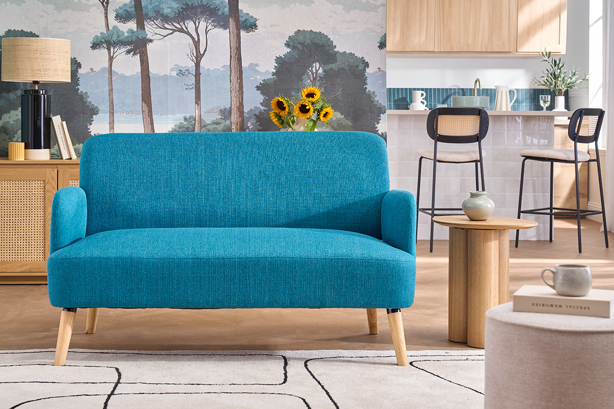 Sof� n�rdico 2 plazas de tela azul petr�leo y madera clara ISKO