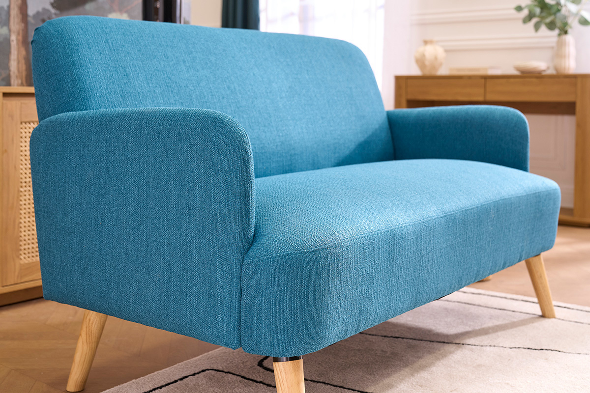 Sof� n�rdico 2 plazas de tela azul petr�leo y madera clara ISKO