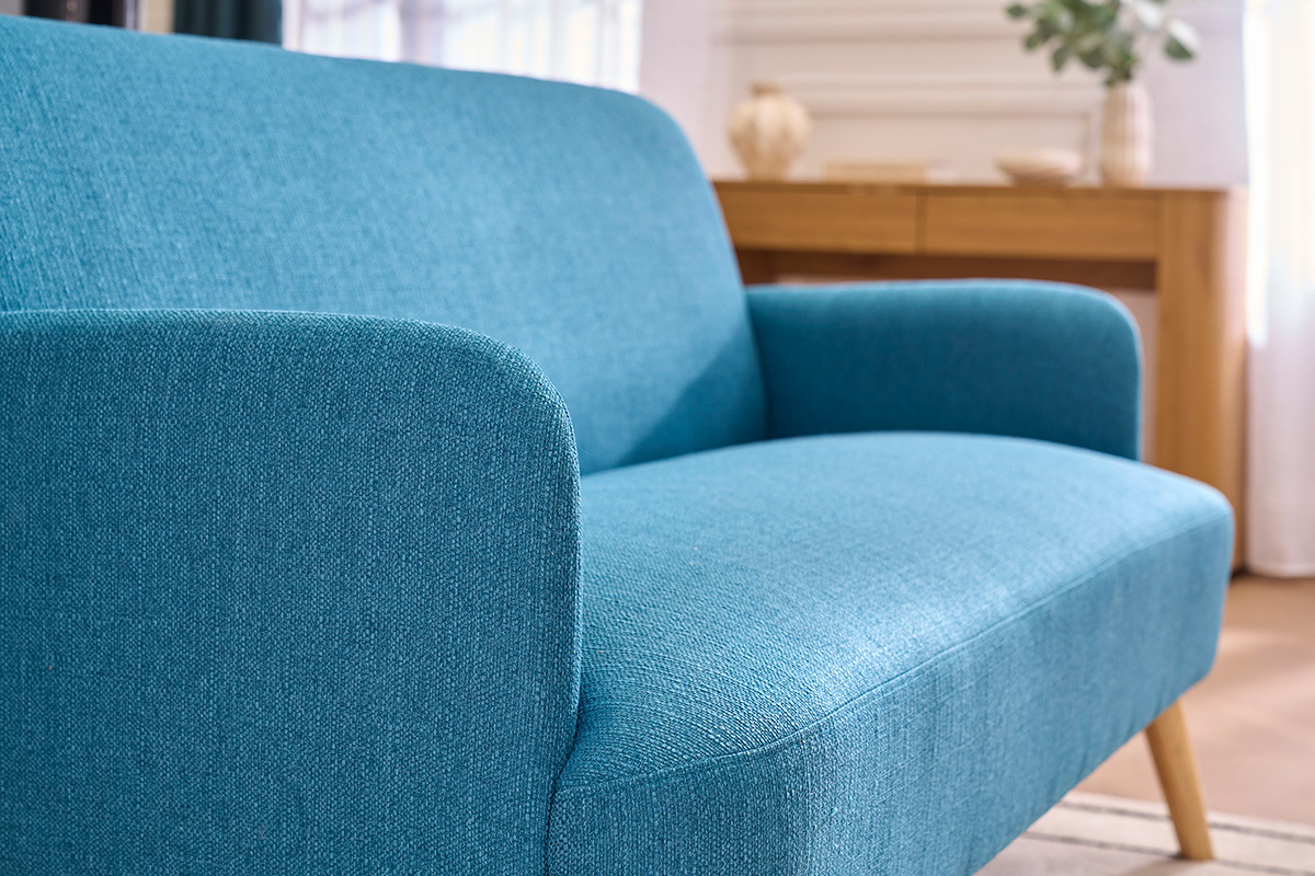 Sof� n�rdico 2 plazas de tela azul petr�leo y madera clara ISKO