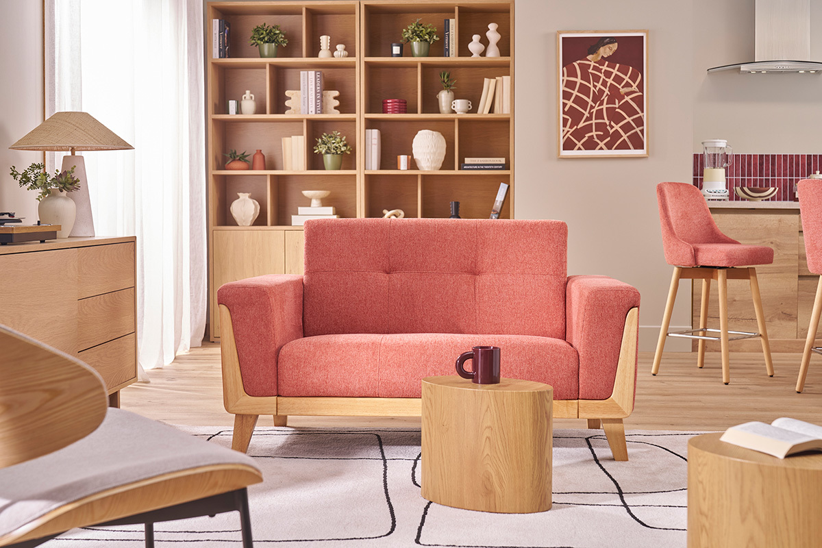 Sof� n�rdico 2 plazas de tela terracota y madera clara FJORD