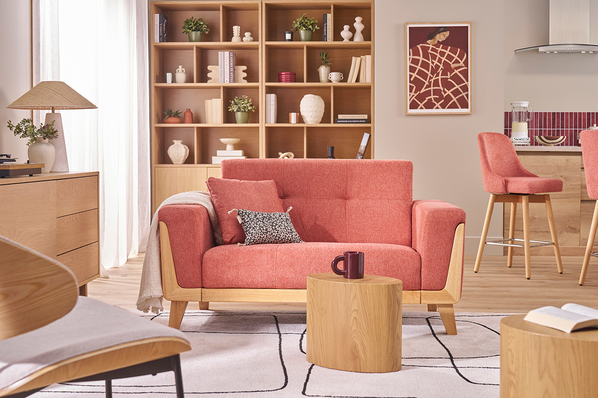 Sof� n�rdico 2 plazas de tela terracota y madera clara FJORD