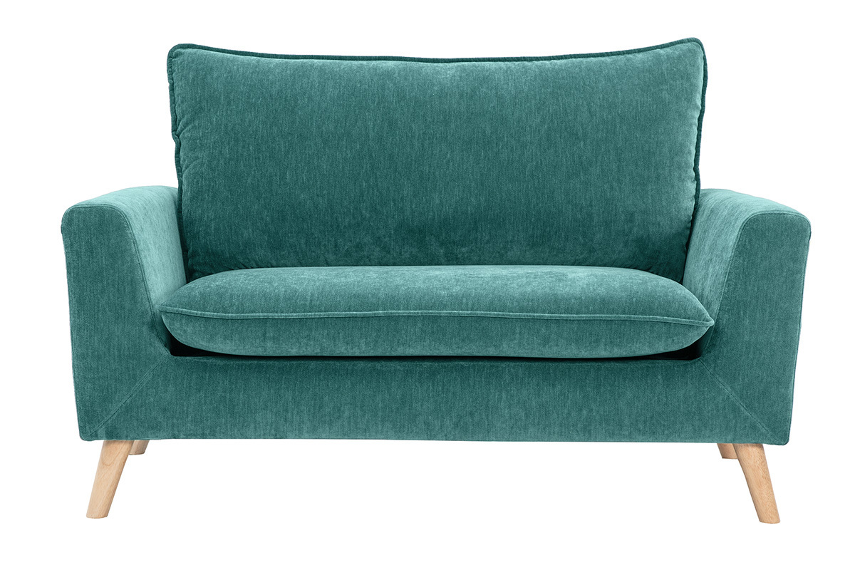 Sof� de 2 plazas azul petr�leo de tela efecto terciopelo, patas de madera clara, vista frontal.