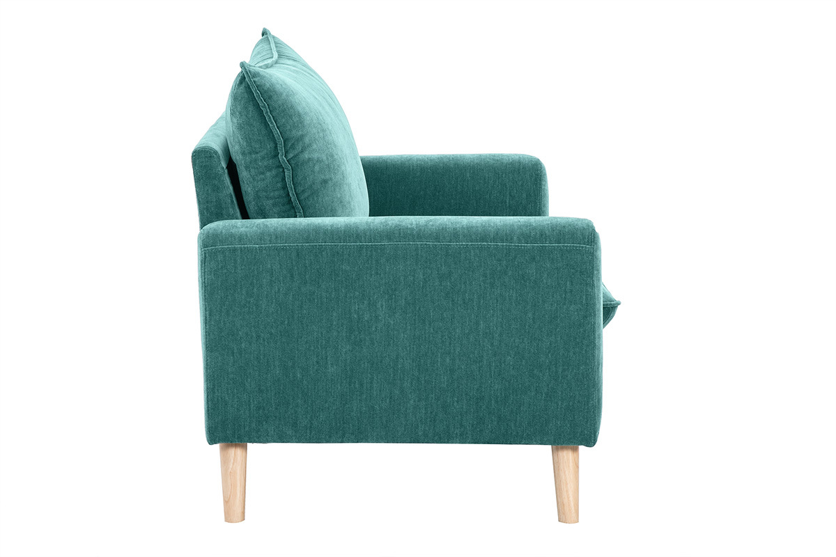 Vista de perfil de un sof� de 2 plazas azul pato con patas de madera clara.