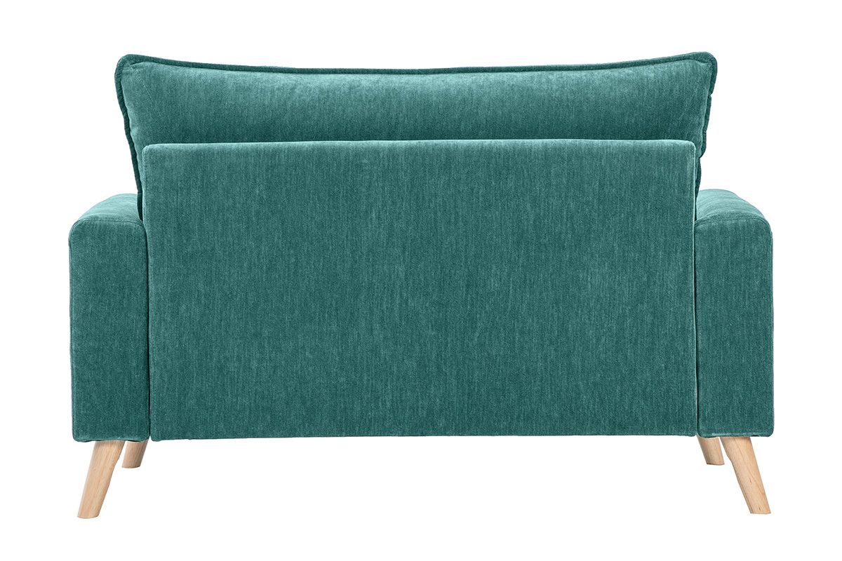 Sof� de 2 plazas azul petr�leo con patas de madera clara, vista trasera.