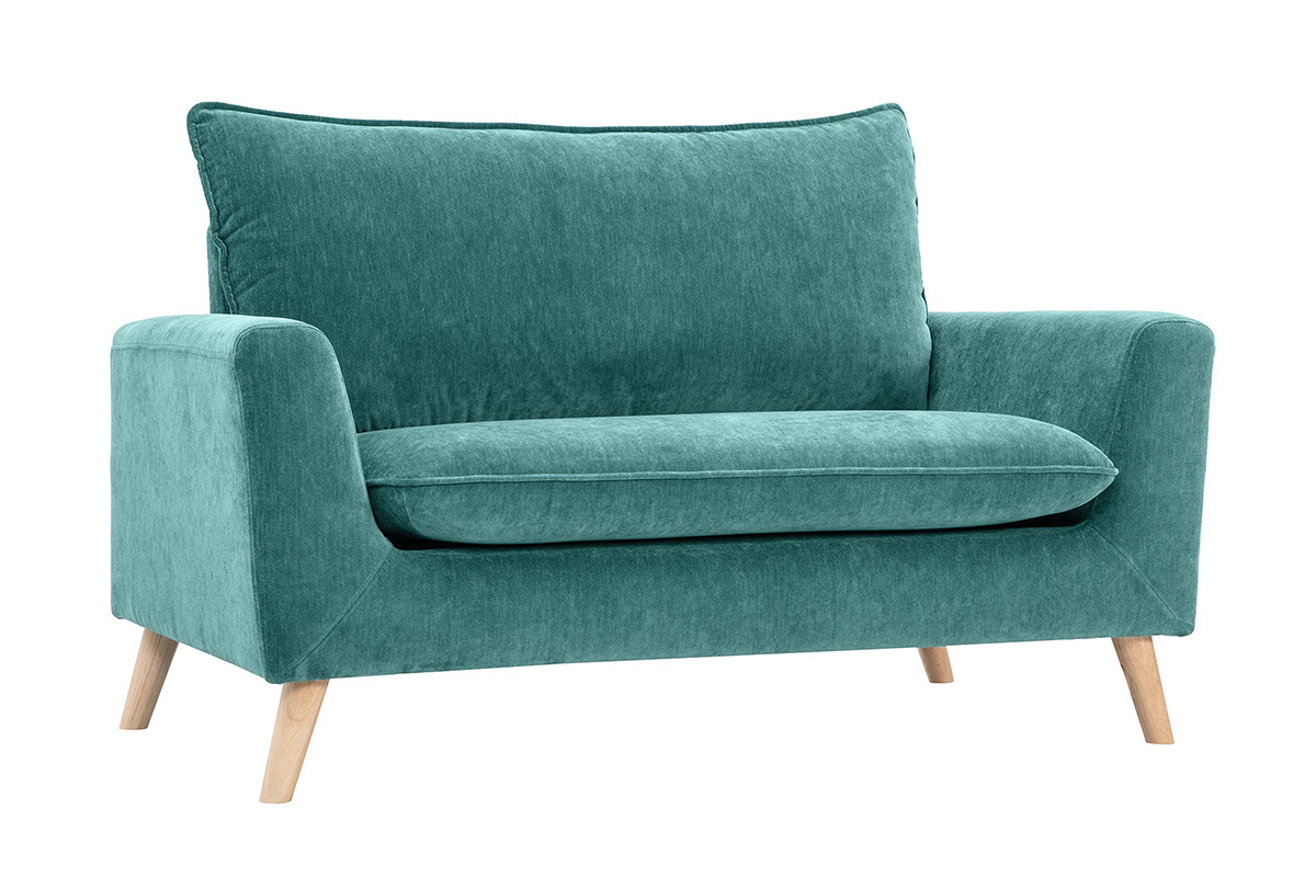 Sof� escandinavo de 2 plazas en azul pato y madera clara, vista de 3/4.