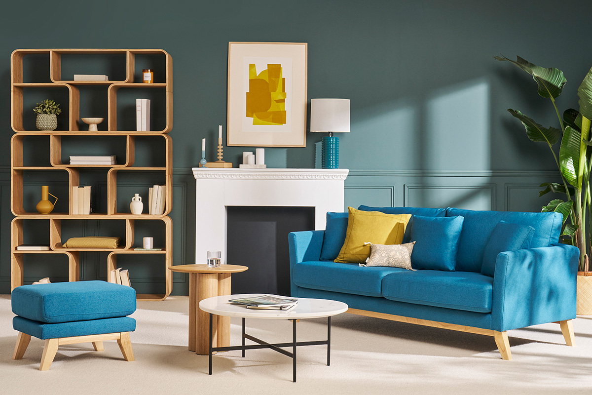 Sof nrdico 3 plazas azul petroleo desenfundable patas madera OSLO