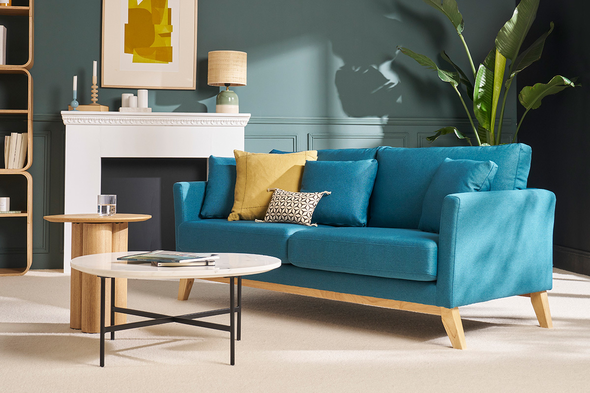 Sof nrdico 3 plazas azul petroleo desenfundable patas madera OSLO