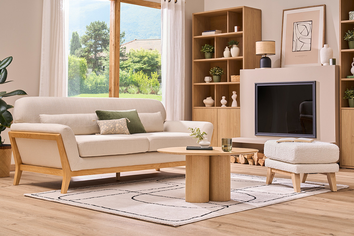 Sof nrdico 3 plazas beige patas madera YOKO