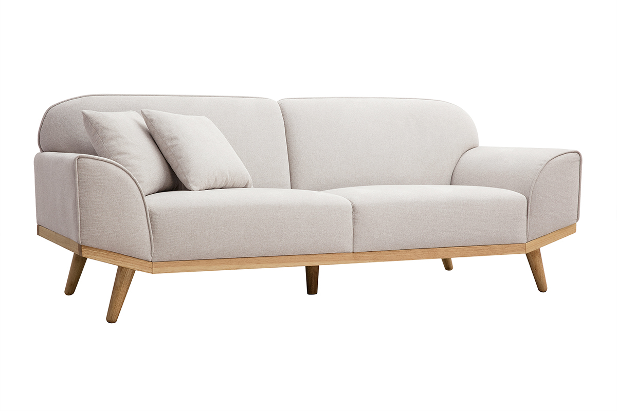 Sof nrdico 3 plazas de tejido efecto aterciopelado texturizado beige y madera clara FREEMA