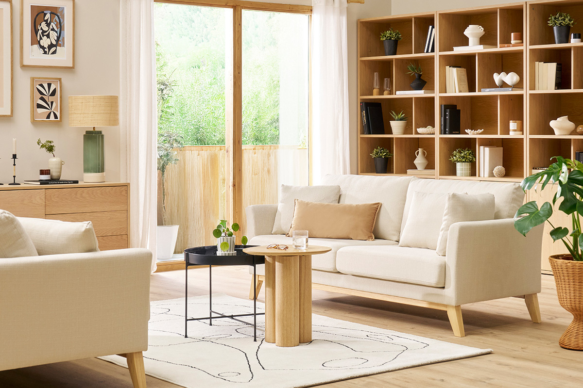 Sof nrdico 3 plazas desenfundable beige y patas madera OSLO