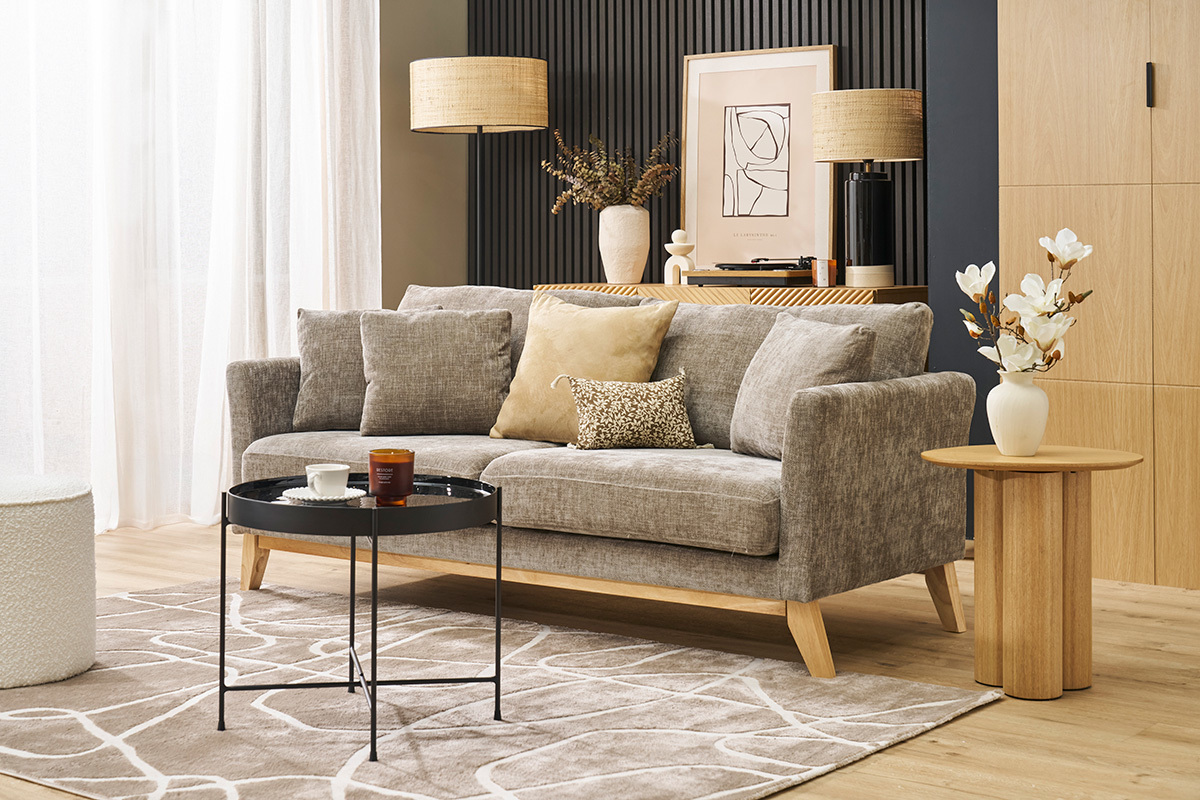 Sof nrdico 3 plazas desenfundable beige y patas madera OSLO